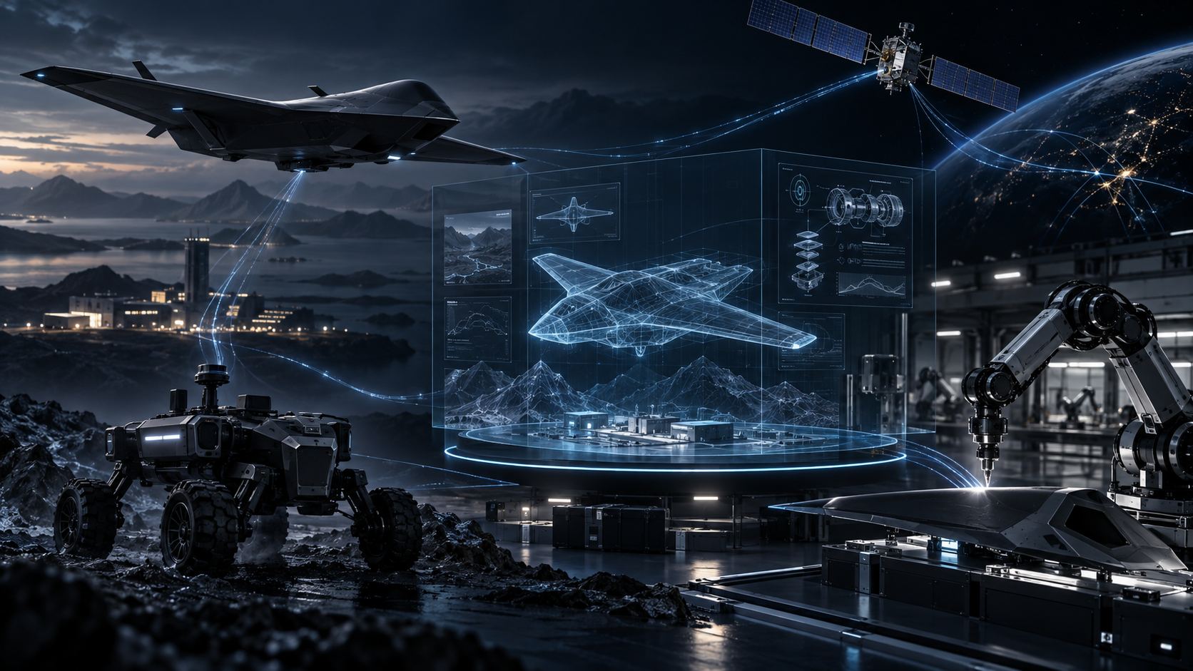 Autonomous drone, ground rover, satellite and robotic arm connected to a holographic digital twin