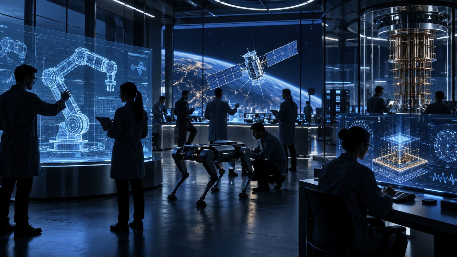 Engineers working on a robotic arm hologram, a quadruped robot, a satellite model and quantum hardware